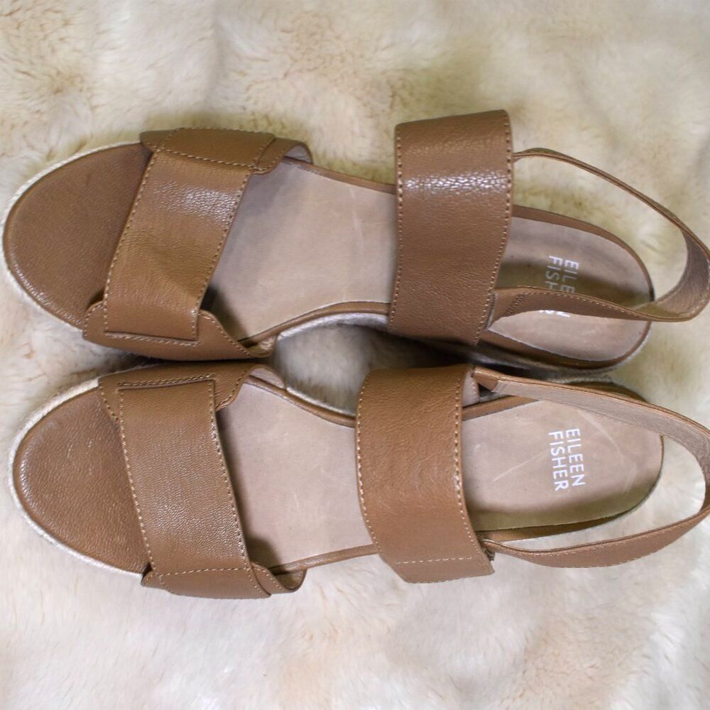 Eileen Fisher Winnie Espadrille Wedge Sandals 8.5 Brown Jute Platform - Picture 11 of 16